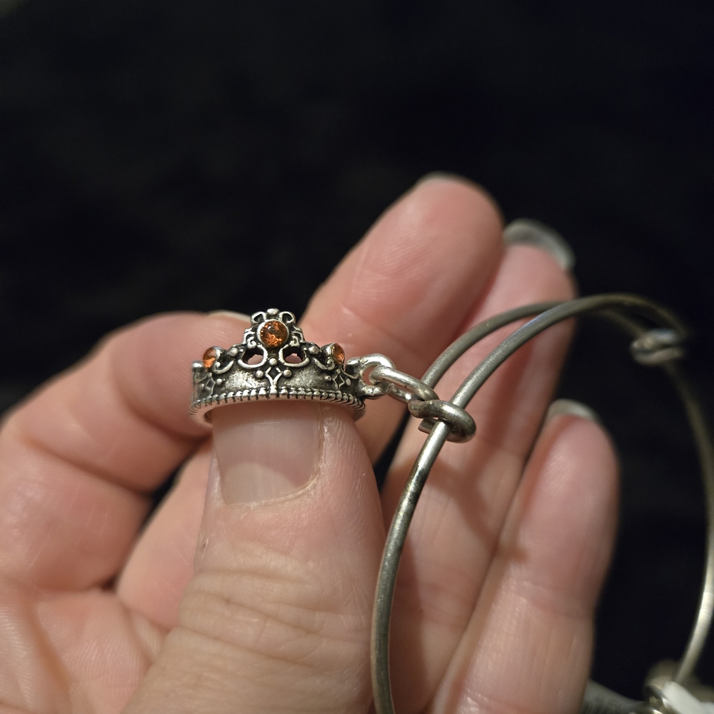 Alex and Ani Silver-Tone Crown Charm Bangle with Amber Stones